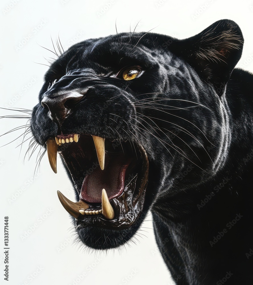 Poster majestic black panther displaying fierce expression with sharp teeth and intense stare captured in s