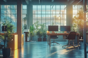 Fototapeta premium A large open office space with a lot of greenery and a lot of natural light