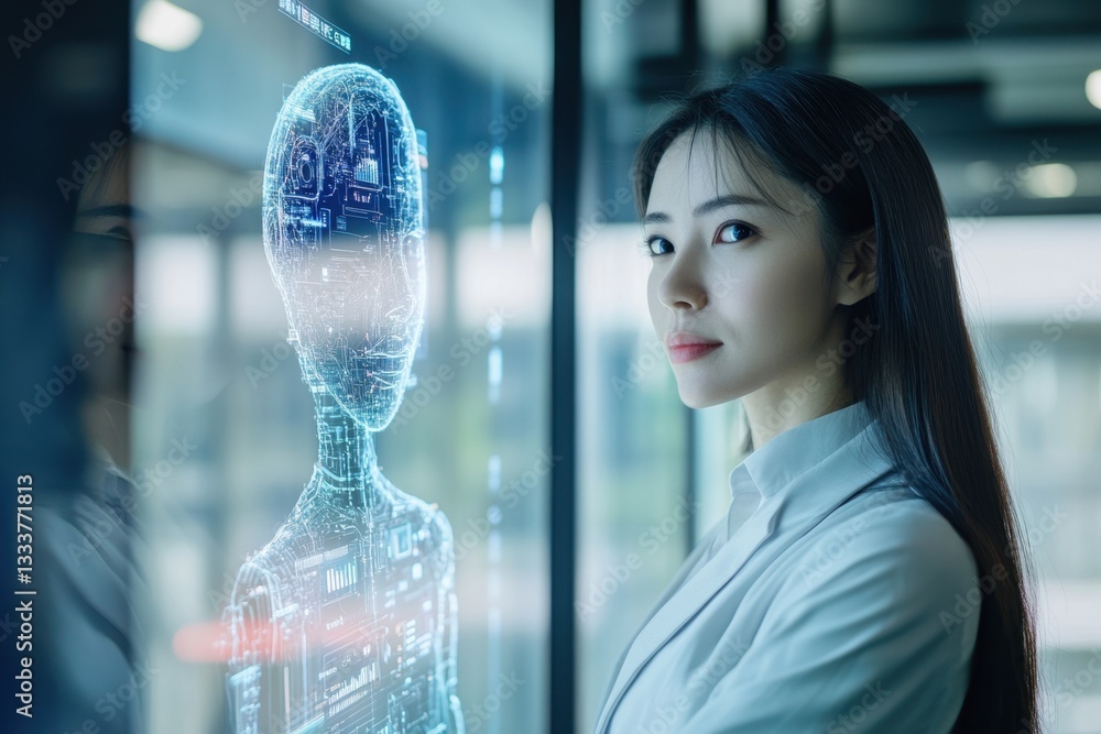 Aufkleber a woman stands in front of a computer monitor displaying a 3d image of a woman's