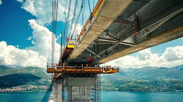 Bridge Construction: An awe-inspiring scene of a bridge under construction, with the steel and concrete structure reaching across a vast expanse of water, embraced by the serene beauty of the sky. 