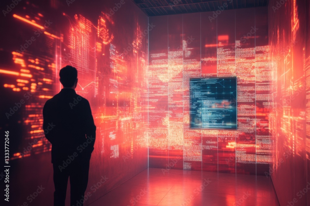 Aufkleber a man stands in front of a wall of computer code