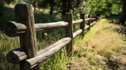 Rustic Wooden Fence Along a Lush Green Pathway in Nature