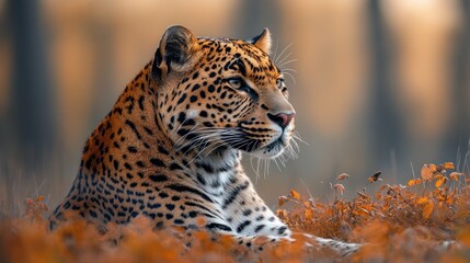 Fototapeta premium Majestic Leopard in Autumn Landscape Wildlife Photography