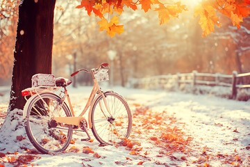 Fototapeta premium Autumn bicycle in snowy park path. Sunny day for weekend recreation, backdrop