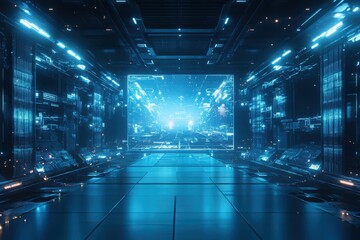 Futuristic Space Tech Hologram – A dynamic holographic display of advanced space technology, showcased in an industrial minimalist setting at leading tech expos