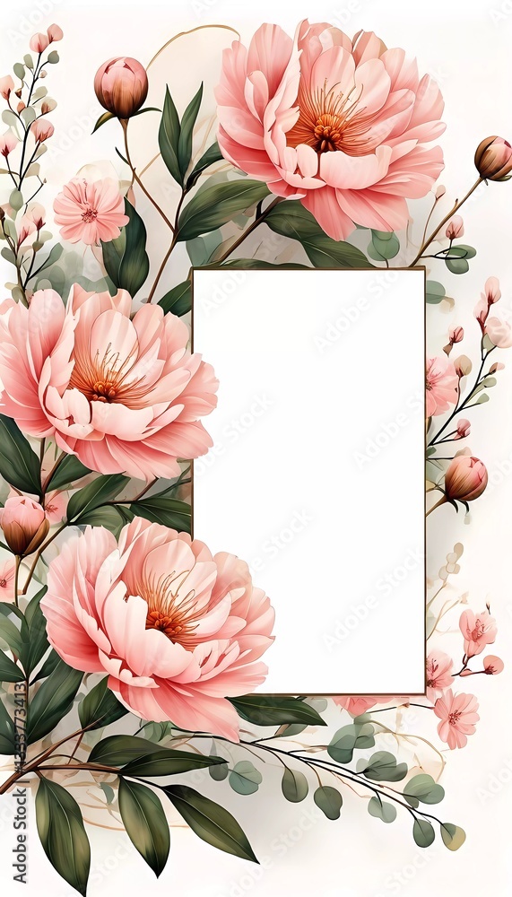 Poster delicate pink peonies bloom around an empty space perfect for personal notes, creating an inviting a