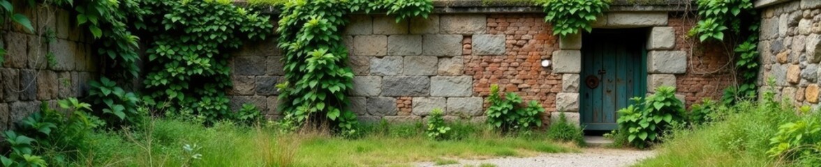 Crumbling stone walls with overgrown vines and moss, weathered, moss, crumbling