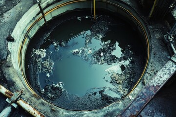 A dirty, murky pond with a lot of debris floating in it
