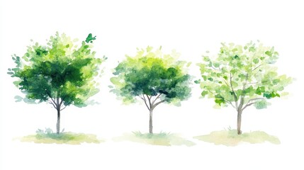 Watercolor Painting of Three Lush Green Trees