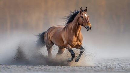 Fototapeta premium Stunning Brown Horse Running Free in Dust