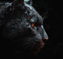 Majestic Black Panther Portrait in Low Light with Intense Eye Gleam Showcasing Powerful Features and Graceful Presence Against Dark Background