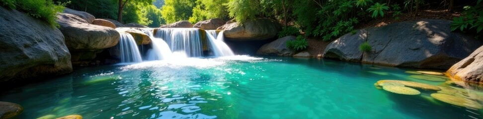 Obraz premium Crystal clear river flowing through a waterfall, clear, natural, clean