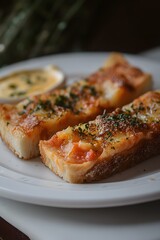 Delicious Baked Pizza Bread Slices with Melted Cheese and Tomato Sauce