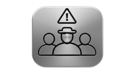 Isolated Reflective Metallic Group Icon with Exclamation Mark and Hacker Silhouette, Signifying Cyber Security Warning and Data Breach