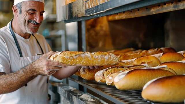 Baker's Daily Harvest: A smiling baker presents freshly baked bread from a hot oven, capturing the essence of artisanal craft.