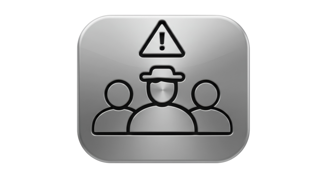 Isolated Reflective Metallic Group Icon with Exclamation Mark and Hacker Silhouette, Signifying Cyber Security Warning and Data Breach