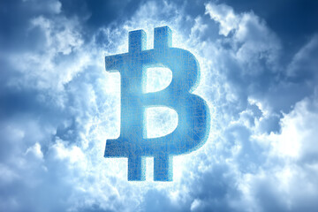 Obraz premium Bitcoin Symbol in Cloudy Sky. Digital bitcoin symbol in a cloudy sky. Ideal for technology, finance, and cryptocurrency themes.