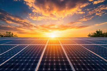 A solar panel field with a beautiful sunset in the background