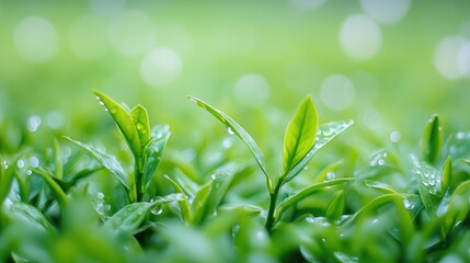 Fototapeta premium Delicate tea leaf amidst spring raindrops, embodying serenity and renewal.