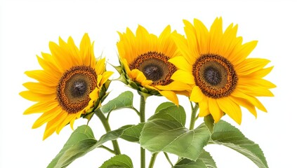 Obraz premium Three vibrant sunflowers against a white background. Full bloom, showcasing bright yellow petals and dark brown centers. Healthy green leaves accompany the blossoms