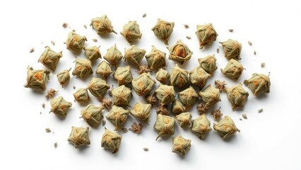 Obraz premium delicate cannabis buds spread across a pure white surface, floral arrangement, organic matter, botanicals