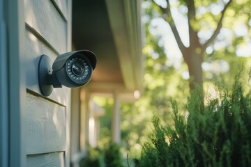 A camera is mounted on a pole in front of a bush