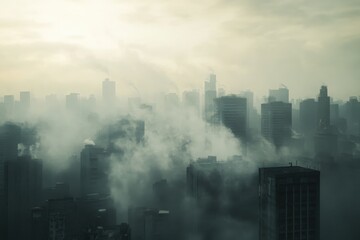 Fototapeta premium Urban Smog and Pollution – A dense haze of PM2.5 particles fills the urban sky, casting a foggy, dangerous industrial environment with heavy smog and contamination