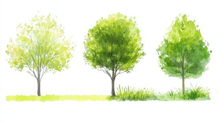 Watercolor Painting of Three Lush Green Trees