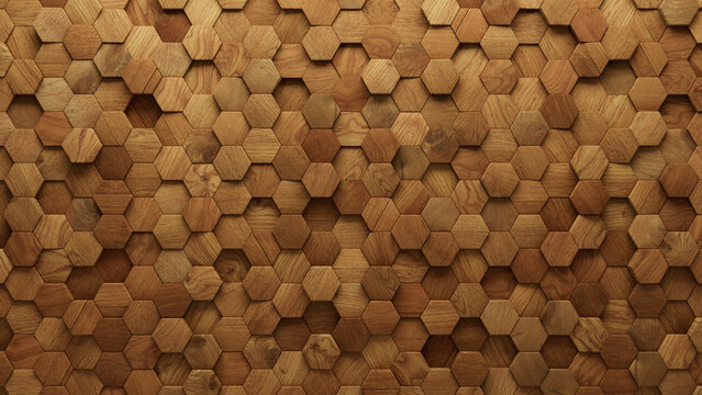 Wood, 3D Wall background with tiles. Hexagonal, tile Wallpaper with Timber, Soft sheen blocks. 3D Render
