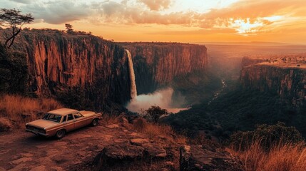 A scenic canyon landscape featuring a waterfall and a classic car