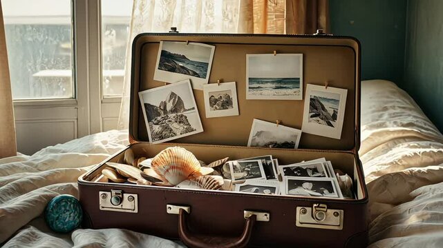 Vintage suitcase open on bed, filled with polaroids and seashells, sunlight filtering through sheer curtains.