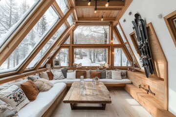Cozy ski lodge living room with snowy mountain view