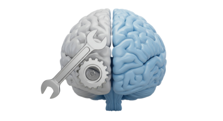 Isolated Brain Graphic with Wrench and Gear: Symbolizing Mental Problem Solving, Mechanical Thinking, and Cognitive Engineering