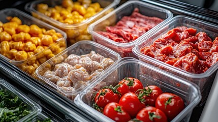 Obraz premium Assortment of various foods in clear plastic storage containers