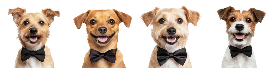 Cheerful dogs of various breeds wearing elegant black bow ties posing for close up portraits against a plain studio background