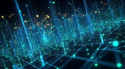 Futuristic Data Center with Blockchain Servers Emitting Blue and Green LED Glow