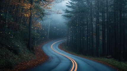 Fototapeta premium A winding road through a misty forest with golden lights