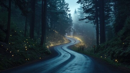 A winding road through a dense forest at twilight time