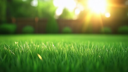 Naklejka premium A close-up view of vibrant green grass illuminated by sunlight, creating a peaceful and serene outdoor atmosphere.