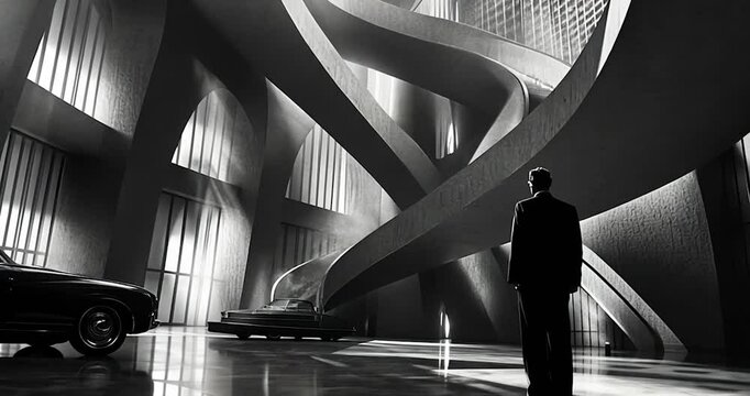 Man in Suit Contemplates Modern Black and White Architecture