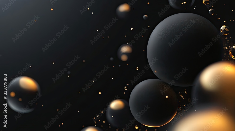 Poster abstract floating bubbles with golden highlights on dark background