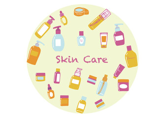 手書きのスキンケアの用品のポップなカラーのアピールイラスト