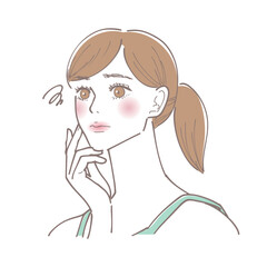 自分の顔を見てちょっと落ち込んでいる女性のイラスト