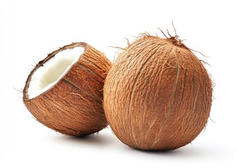 Two whole and halved coconuts on white background
