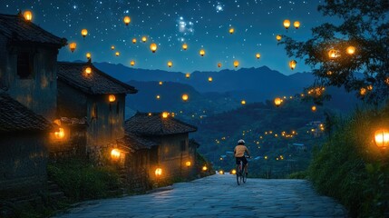 Fototapeta premium A person rides a bicycle under illuminated lanterns at night