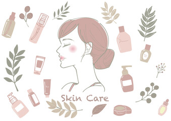 手書きの女性の横顔のイラストと木の枝や植物やスキンケア用品のセット