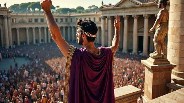 A Roman leader gives a powerful speech to a crowd in a historic setting
