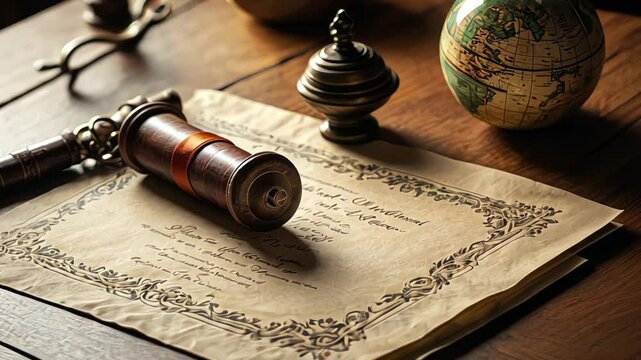 Overhead shot of a diploma scroll tied with silk ribbon on oak desk, vintage globe and keys in bokeh background.