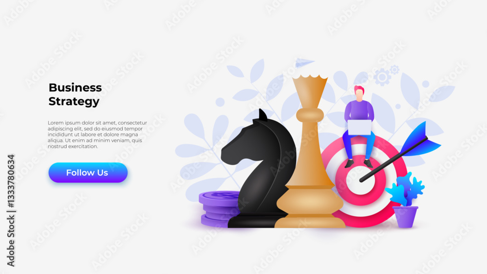 Poster Vector design representing business strategy through elements like chess pieces, a target with an arrow, and modern digital elements.