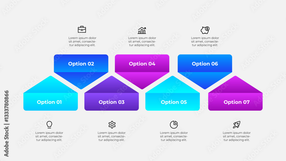 Poster vibrant infographic showcasing seven colored options arranged geometrically with relevant icons abov